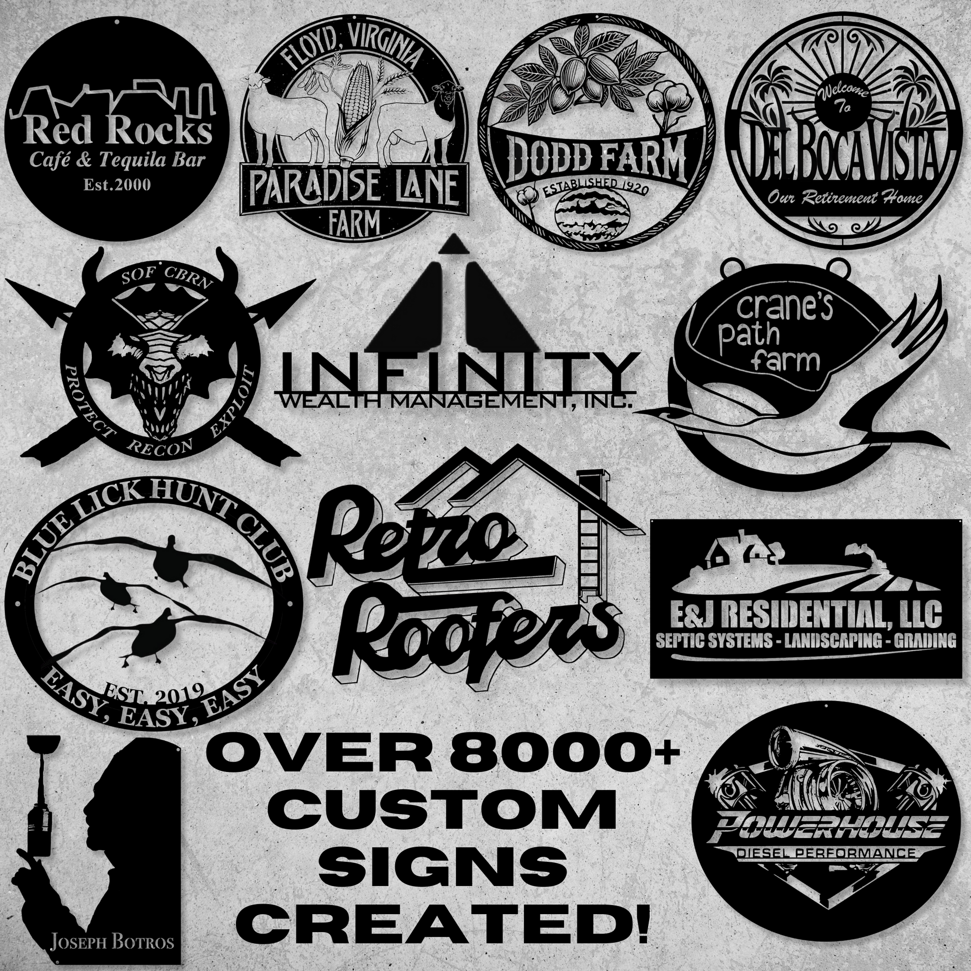 Examples of custom metal signs – business logos, ranch signs, family name wall decor, over 8000 made