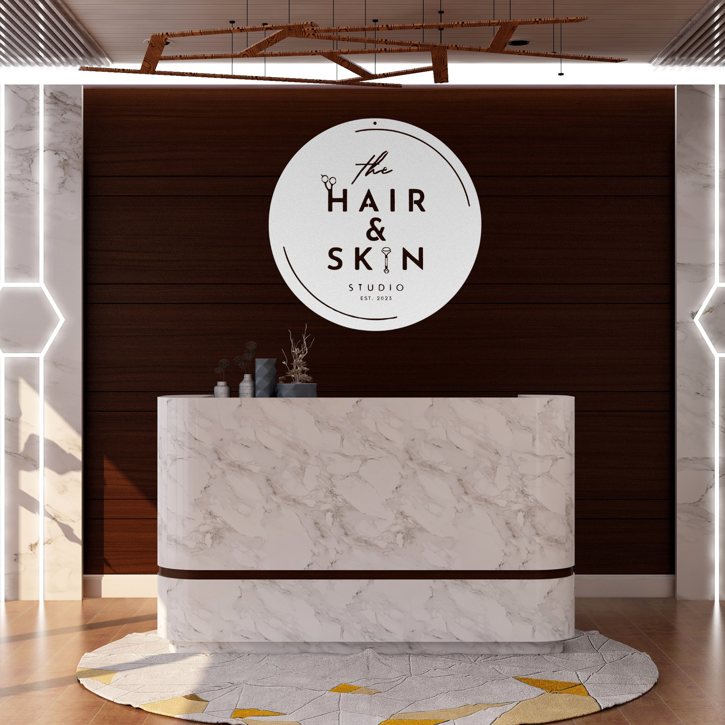 Personalized salon wall sign – custom round logo metal sign in white powder-coated finish