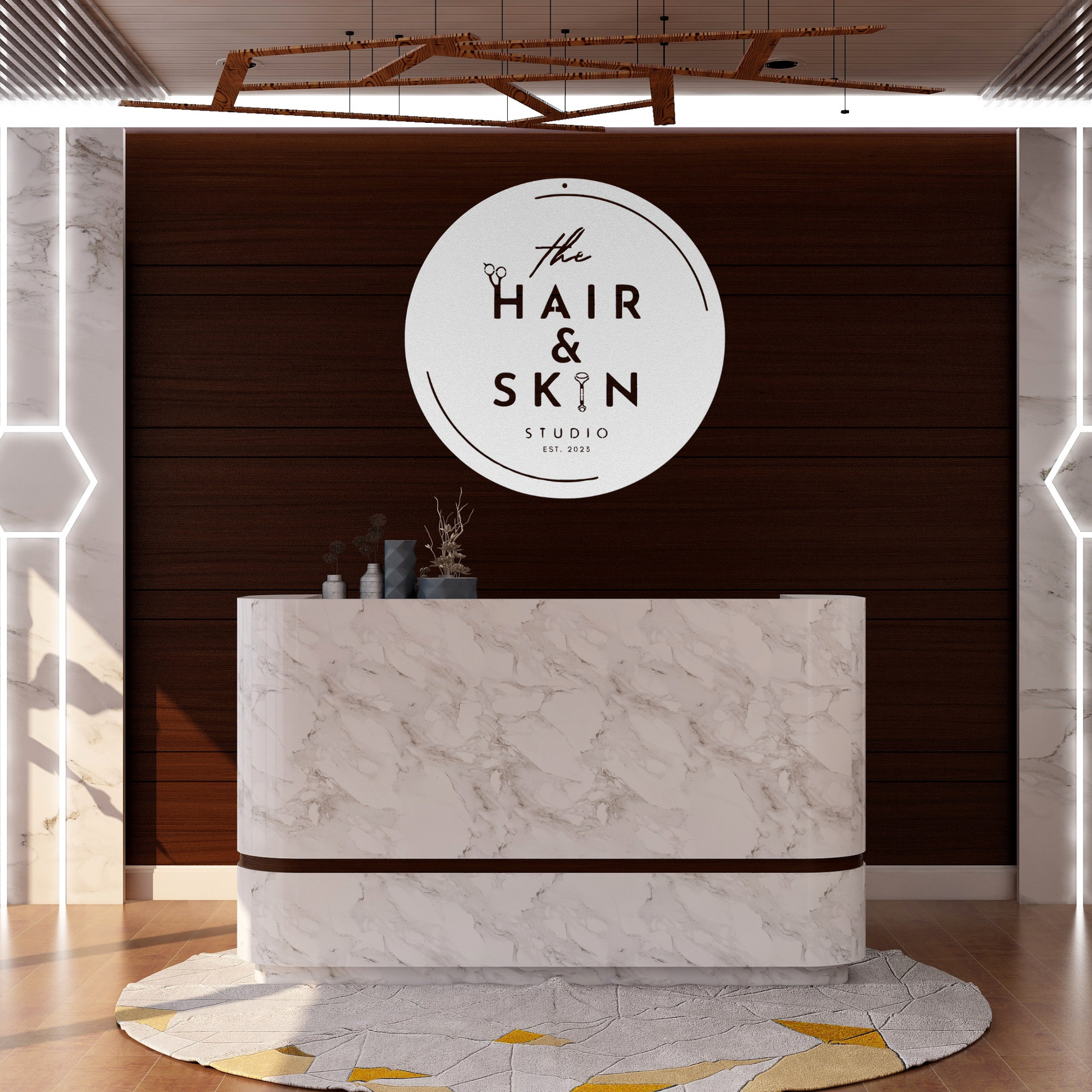 Personalized salon wall sign – custom round logo metal sign in white powder-coated finish