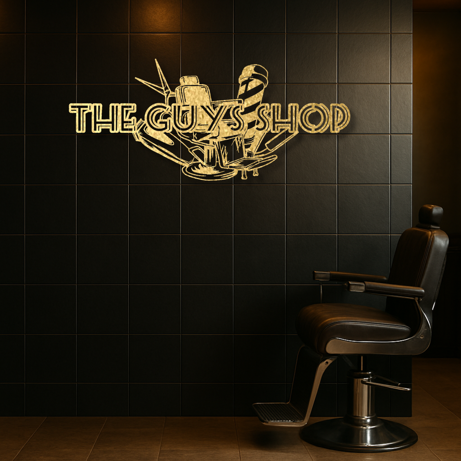 Custom barbershop metal sign – gold powder-coated steel business wall logo sign